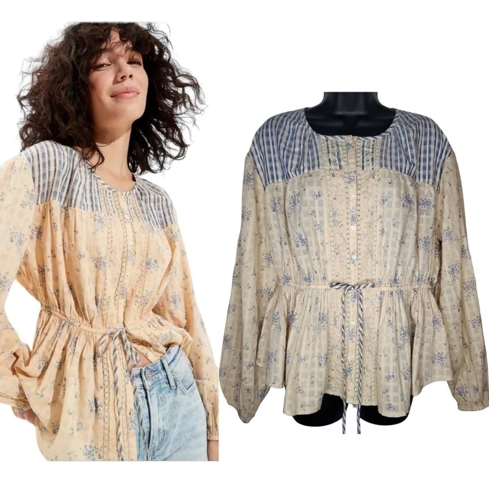 AMERICAN Eagle Dainty Floral Lace Detail Long-Sleeve Tie-Front Tunic Size S - Picture 1 of 3